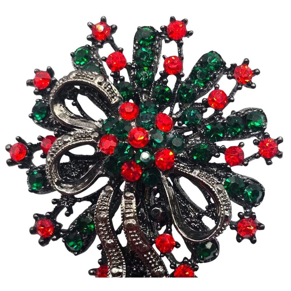 Brooch Pendant Floral Bouquet Spray Ribbon Holiday Christmas Statement SKU 3339